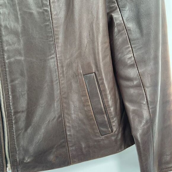 Politix Brown Collared Open Bottom Long Sleeve Zip Up Leather Jacket Size 4 - Picture 3 of 10